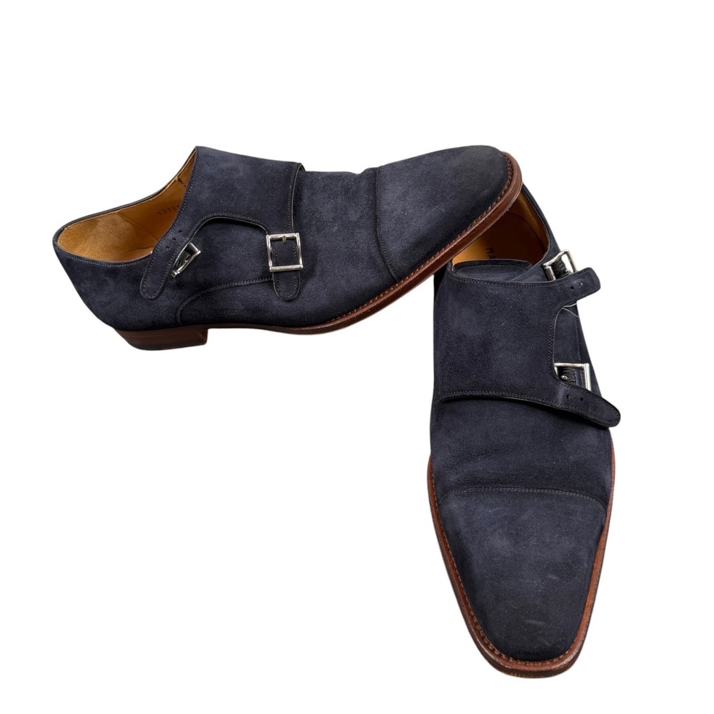 Magnanni Mens Double Monk Strap Shoes Suede Navy Blue Dress Loafers Spain 10.5 M